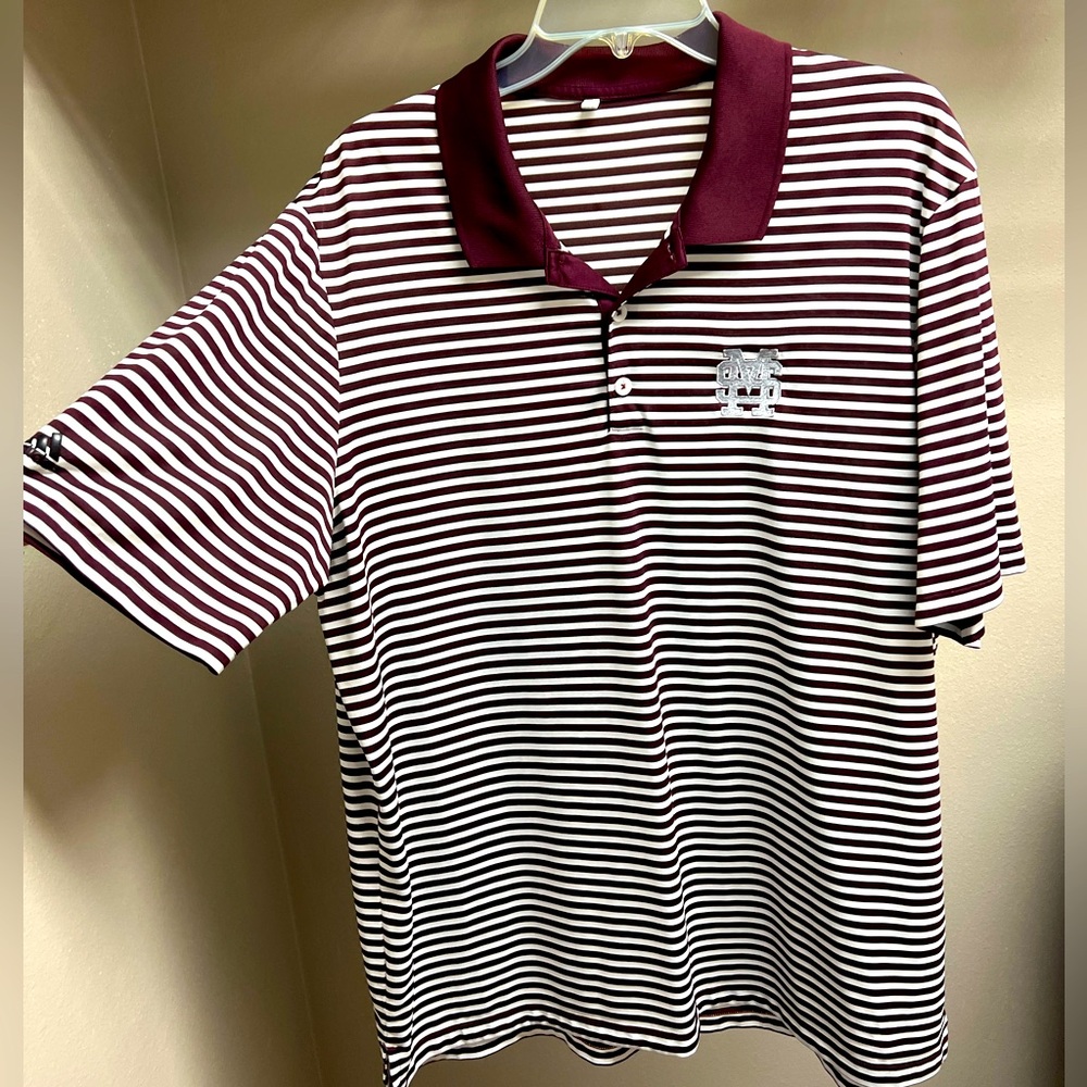 Mississippi State Adidas striped maroon and white mens golf polo